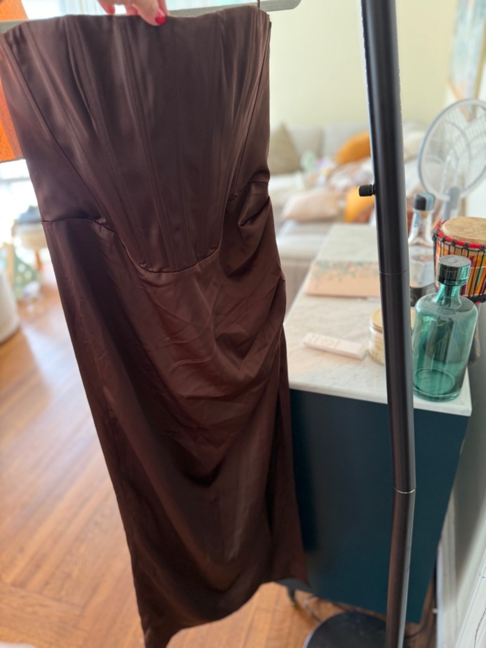 Bardot Everlasting Satin Chocolate Brown Strapless Corset Midi Dress - Picture 15 of 15